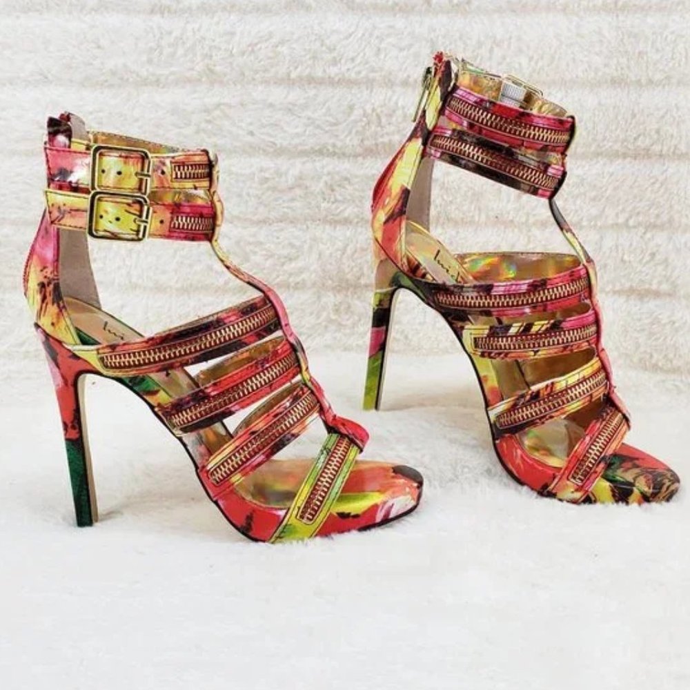 Luichiny Red Multi Tone It High Heel Cage Strap Mini Platform Spring Sandals - Picture 2 of 8